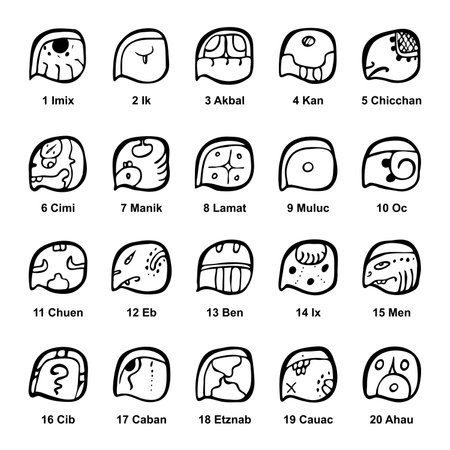 Tzolkin calendar, Maya codex glyphs of the twenty day names. With sequence numbers and with individual names of the 20 days in Yucatec Maya language. Part of the 260 day Mesoamericのイラスト素材