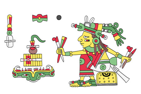 Cinteotl, Aztec god of maize, in front of the realm of the dead. Maize deity in Aztec mythology, also known as Centeotl and Centeocihuatl, usually portrayed as young man with yelloのイラスト素材