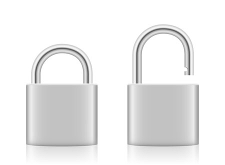 Padlock, locked and unlocked, silver iron steel security device with closed and opened shackle - unlabeled, blank surface. Isolated vector illustration on white background.のイラスト素材