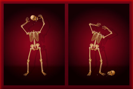 Skeleton juggling his skull and losing his head during a creepy, spooky, funny halloween performance on a theater stage play. Vector illustration.のイラスト素材