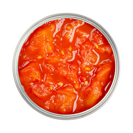 Canned diced tomatoes, with tomato puree, in an opened can. Chopped tomatoes and tomato sauce. Tomato chunks, sealed into a can after having been processed by heat.の写真素材