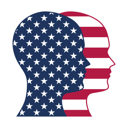Two heads, with the American flag motif, looking in the same direction. Symbol of peace and unity between 2 opposing parties, who are aware of overcoming their opposites.のイラスト素材
