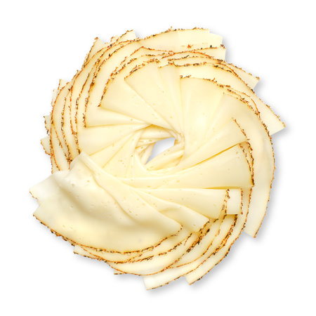 Spiral, made of tranches of French sliced pepper cheese, from above. Extra fine sliced soft cheese,...