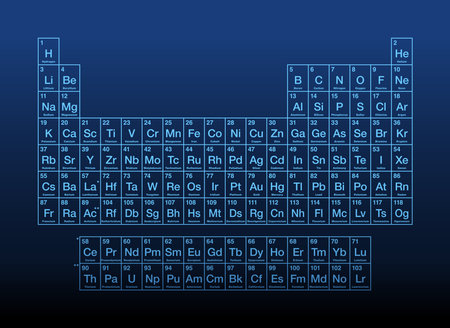 Periodic table of the elements. Blue colored periodic table of the chemical elements on dark blue background. Tabular display of the 118 known chemical elements with atomic numbersのイラスト素材