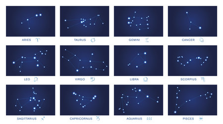 Constellations of the twelve signs of the zodiac on the celestial sphere - visible stars in the night sky forming figures connected with lines, astronomical patterns representing aのイラスト素材