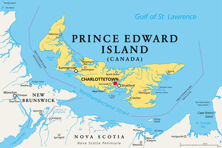 Prince Edward Island, Maritime and Atlantic province of Canada, political map. The Island, located in the Gulf of St. Lawrence, bordered to New Brunswick and Nova Scotia.のイラスト素材