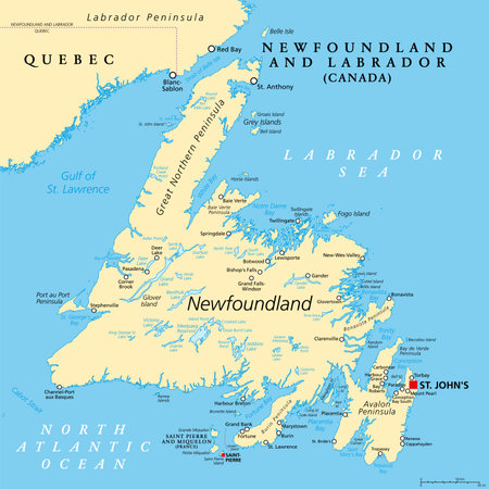 Island of Newfoundland, political map. Part of Canadian province of Newfoundland and Labrador with capital St. John's. Large island off the coast of mainland North America.のイラスト素材