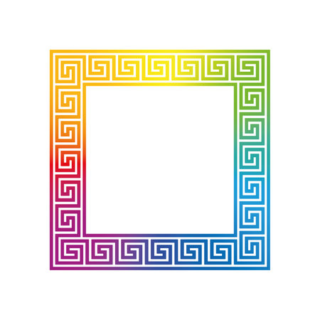 Meander design square, frame with rainbow gradient colored seamless pattern. Meandros, a decorative border, constructed from continuous lines, shaped into a repeated motif. White bのイラスト素材