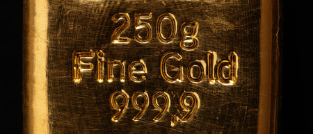 Stamped writing on a cast gold bar, also known as gold bullion. Refined metallic gold, produced by by pouring molten metal into a bar-shaped mold. 250 gram fine gold, 8.04 troy oz.の写真素材