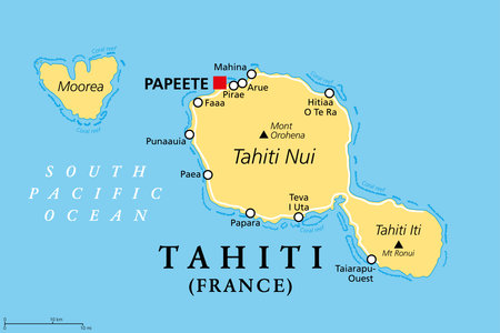 Tahiti, French Polynesia, political map. Largest island of the Windward group of the Society Islands, with capital Papeete. Overseas collectivity of France.のイラスト素材