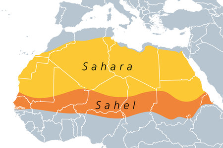 The Sahara and the Sahel, political map. Largest hot desert in the world making up most of North Africa, and an ecoclimatic and biogeographic realm with hot semi-arid climate.のイラスト素材