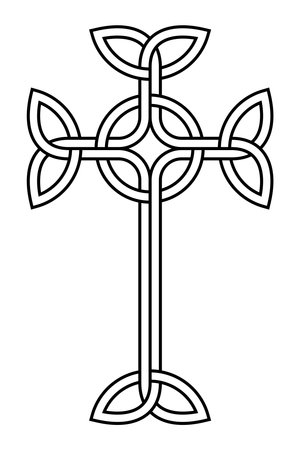 Interlaced Celtic cross. A Celtic form of the Latin cross, with triangular knots at its four ends, intertwined with a circle in the middle. A symbol and sign.のイラスト素材