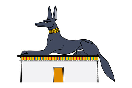 Anubis as a jackal, perched atop a tomb. In ancient Egyptian religion god of funerary rites, protector of graves, and guide to the underworld.のイラスト素材