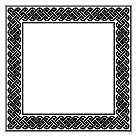 Square frame with guilloche knot pattern. Border made of endless repeated motifs of the Solomons knot, consisting of three interlaced and interwoven lines, framed by black lines.のイラスト素材