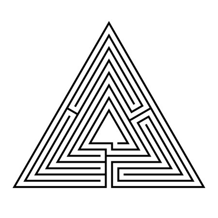 Triangular maze, a labyrinth with a single path (unicursal) from the entrance to the center or goal, in seven courses. Black and white, isolated illustration, on white background.のイラスト素材