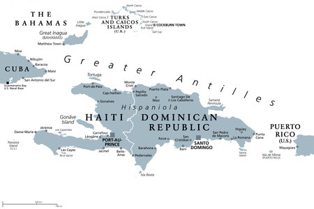 Hispaniola and surroundings, gray political map. Caribbean island divided into Haiti and Dominican Republic, part of Greater Antilles, next to Cuba, The Bahamas and Puerto Rico.のイラスト素材