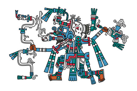 Tlaloc, Aztec god of lightning, rain and earthquake, deity of fertility and water. He is shown with blue skin, wearing a jaguar mask.のイラスト素材
