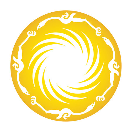 Golden Sun Bird, or the Sun and Immortal Birds Gold Ornament. A pattern, cut from a ring-shaped piece of ancient Chinese gold foil.のイラスト素材