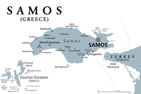 Samos, Greek island, gray political map. Island in eastern Aegean Sea, and separated of western Turkey coast by the Mycale Strait. Birthplace of Pythagoras.のイラスト素材