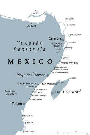 Cancun, Cozumel and Riviera Maya in Mexico, gray political map. Cancun, city on Yucatan Peninsula coast, north of Riviera Maya, a Caribbean coast resort, with Cozumel.のイラスト素材