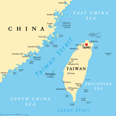 Taiwan Strait, political map. Important waterway and disputed international waters, separating the island of Taiwan and continental Asia.のイラスト素材