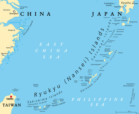 Ryukyu Islands, also known as Nansei Islands, political map. The Ryukyu Arc, a Japanese, mostly volcanic island chain stretching from Kyushu, Japan, to westernmost Yonaguni Island.のイラスト素材