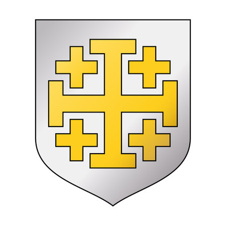 Latin Kingdom of Jerusalem. Silver coat of arms with a golden Jerusalem cross, a cross potent surrounded by for smaller Greek crosses. Crusader state in the Middle Ages.のイラスト素材