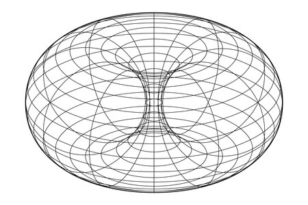 Wire-frame of a ring torus, also donut or doughnut. Surface of revolution generated by revolving a circle in 3D space one full revolution about an axis coplanar with the circle.のイラスト素材
