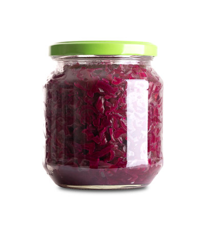 Red cabbage, homemade fermented German Blaukraut in glass jar with lid. Raw red cabbage, fermented by lactic acid bacteria. Unpasteurized, uncooked blaukraut provides probiotics.の写真素材
