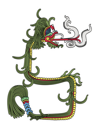 Feathered Serpent, a supernatural entity in Mesoamerican religions. Quetzalcoatl of Aztecs, Kukulkan of Yucatec Maya, and Tohil of Kiche Maya. Colorized plumed serpent.のイラスト素材