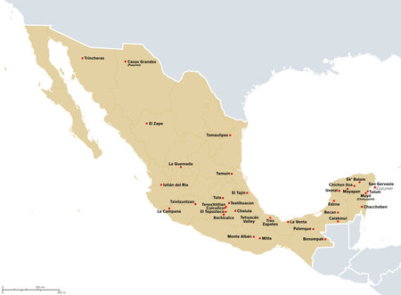 Mexico, most important archeological sites, political map. Map of Mexico with the borders of its current states, and location of most significant places of pre-Columbian Mexico.のイラスト素材