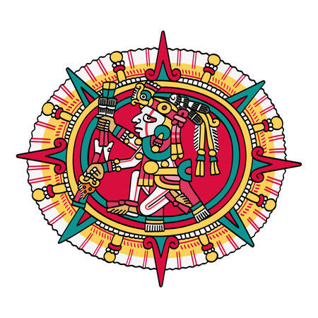 Tonatiuh, Aztec sun god, known as Nahui Ollin, The Fifth Sun, depicted in the center of a solar disc. Should mankind fail, the sun will go black, and the world will end.のイラスト素材