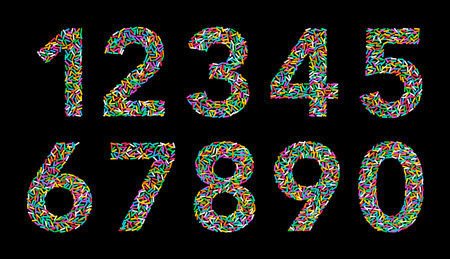 Numbers from one to zero, made with colorful rainbow sprinkles, on black background. Ten numbers, made with randomly arranged sugar sprinkles of eight different colors.のイラスト素材
