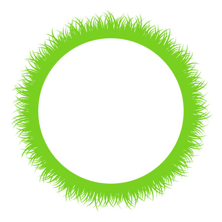Circular green grass strip around a white circle. Circle frame  made of fresh grass blades. Decorative border and background with the pattern of chlorophyll colored fresh grass.のイラスト素材