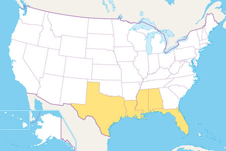 Gulf States of the United States, Gulf South or South Coast, political map. Coastline along Southern USA at Gulf of Mexico. Texas, Louisiana, Mississippi, Alabama and Florida.のイラスト素材