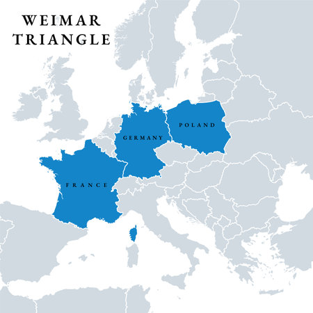 Weimar Triangle member states, political map. Regional alliance of France, Germany and Poland, created in 1991 in the German city of Weimar.のイラスト素材