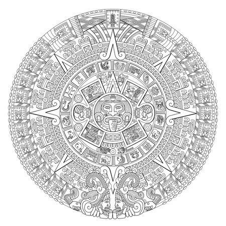 Aztec Sun Stone. At the center of the disc appears the glyph called movement with the face of solar deity Tonatiuh, surrounded by the 20 day signs.のイラスト素材