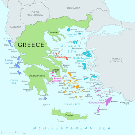 Islands of Greece, political map. Greek islands groups and clusters. Cyclades, Dodecanese, Sporades, North Aegean and Saronic Islands in the Aegean Sea, Ionian Island in Ionian Seaのイラスト素材