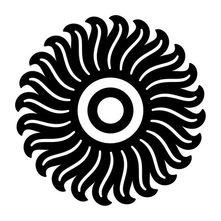 Floral motif and sun symbol. Solar sign, a circle surrounded by twenty-four flames or rays of light. Or also a blossom with petals.Black and white illustration.のイラスト素材