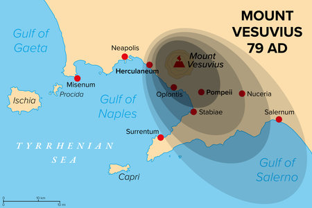 Eruption of Mount Vesuvius in 79 AD, history map. General distribution of ash and pumice. Major stratovolcano in Italy buried and destroyed the Roman towns Pompeii, Herculaneum.のイラスト素材