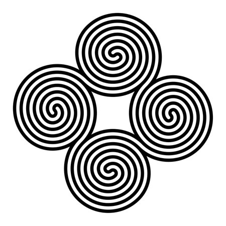 Geometrical pattern of four conjoined spirals. Tetraskelion or tetraskele, an ancient quadruple spiral symbol. Seamlessly connected double-armed Archimedean spirals.のイラスト素材
