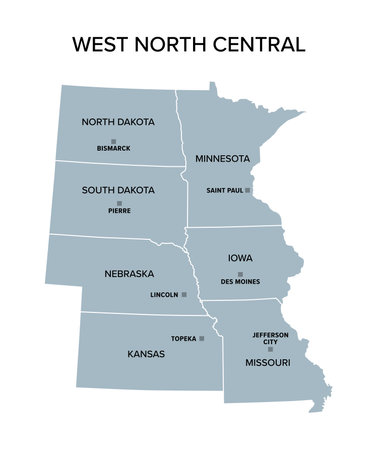 West North Central states, gray political map. United States Census division of the Midwest region. Iowa, Kansas, Minnesota, Missouri, Nebraska, North Dakota, and South Dakota.のイラスト素材