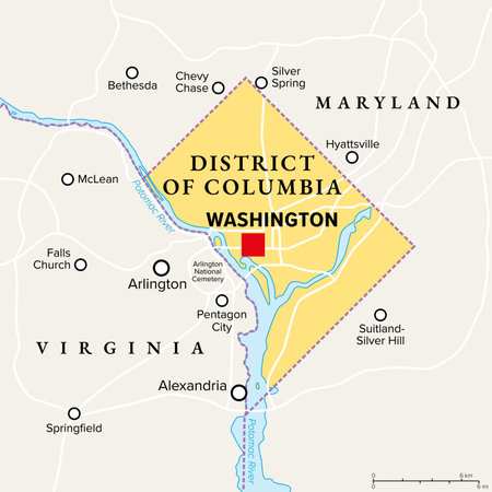 Washington, D.C., political map. District of Columbia, capital city and federal district of the United States. Located on the Potomac River, across from Virginia.のイラスト素材