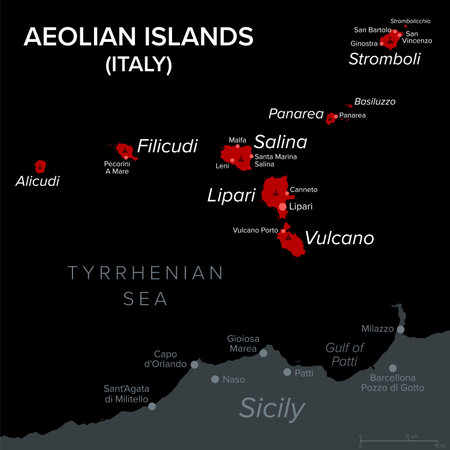 Aeolian Islands in Italy, dark political map. Volcanic archipelago in the Tyrrhenian Sea north of Sicily. Also called Lipari Islands.のイラスト素材