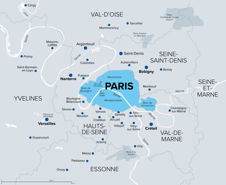 Paris, department and capital of France, political map. Part of Ile-de-France, with Petite Couronne, the inner ring, formed by 3 departments bordering Paris, a geographical crown.のイラスト素材