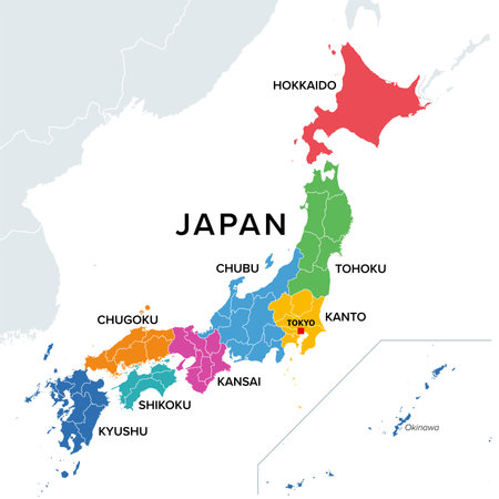 Regions of Japan, multi colored political map. The eight traditional units used for statistical and other purposes.のイラスト素材