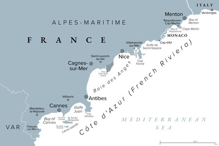 Monaco, Nice and Cannes, gray political map. The coastal strip of Alpes-Maritimes, a department of France, located on the French Riviera and Mediterranean Sea.のイラスト素材
