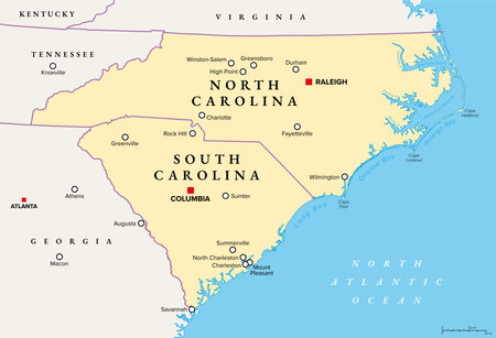 The Carolinas or Carolina, the U.S. states North Carolina and South Carolina, political map, with borders and capitals Raleigh and Columbia.のイラスト素材