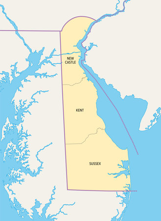 Delaware, U.S. state, political map with borders and county names. State in the Mid-Atlantic and Northeastern region of the USA, subdivided into 3 counties, nicknamed First State.のイラスト素材
