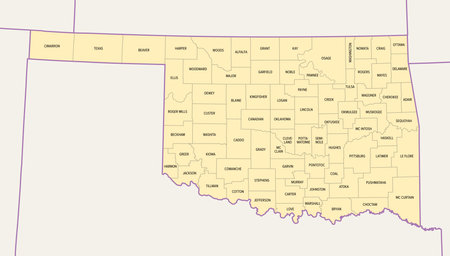 Oklahoma, U.S. state, political map with borders and county names. State in the South Central region of the USA, subdivided into 77 counties. Native America, Land of the Red Man.のイラスト素材